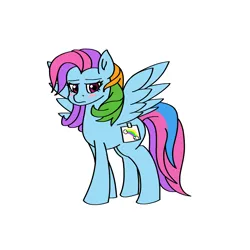 Size: 2000x2000 | Tagged: safe, artist:artevi, derpibooru import, rainbow dash, rainbow dash (g3), pegasus, pony, g3, alternate hairstyle, blushing, clothes, cosplay, costume, g4, generation leap, image, mlp fim's thirteenth anniversary, png, rainbow dash always dresses in style, solo, spread wings, wings