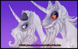 Size: 1230x780 | Tagged: safe, artist:acura, derpibooru import, star swirl the bearded, oc, oc:acura, alicorn, pony, unicorn, beard, black sclera, colored hooves, facial hair, horn, image, long horn, male, moustache, png, purple background, simple background, slit pupils, stallion, text
