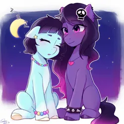 Size: 2048x2048 | Tagged: safe, artist:xiaowu07, derpibooru import, oc, unofficial characters only, earth pony, pony, cute, duo, duo female, female, image, jpeg, looking at someone, mare, punk, simple background, sitting, sleeping, smiling