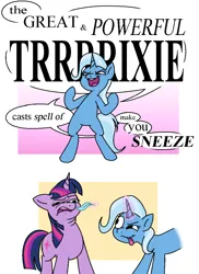 Size: 852x1173 | Tagged: safe, artist:notfocks, derpibooru import, trixie, twilight sparkle, pony, unicorn, bipedal, comic, feather, female, glow, glowing horn, great and powerful, horn, image, imminent sneeze, inconvenient trixie, magic, mare, png, simple background, sneezing, text, tongue out, unicorn twilight, white background