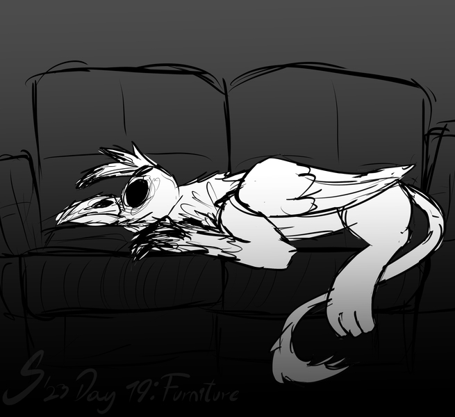 Size: 1500x1375 | Tagged: semi-grimdark, artist:somber, derpibooru import, oc, gryphon, couch, image, inktober, inktober 2023, jpeg, male, skull, solo