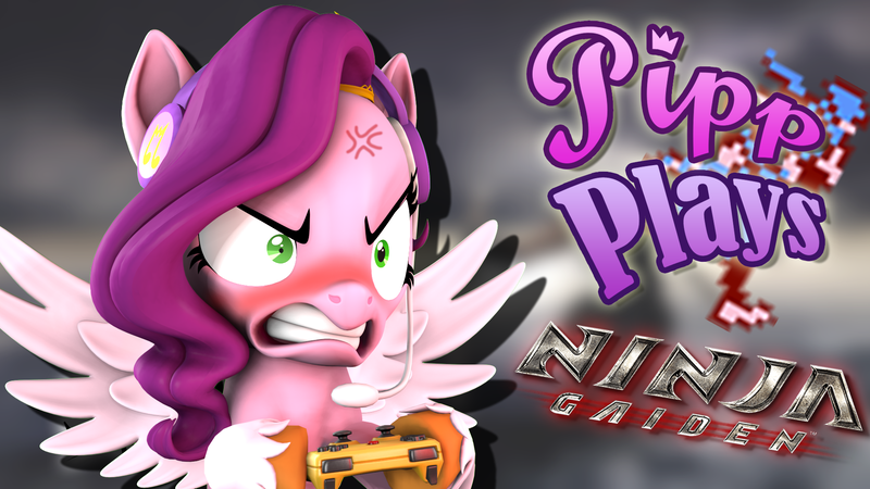 Size: 1920x1080 | Tagged: safe, artist:pika-robo, derpibooru import, pipp petals, pegasus, pony, series:pipp plays, g5, 3d, angry, blushing, controller, fake thumbnail, female, g4, g5 to g4, gamer pipp, gaming headset, generation leap, gritted teeth, headset, image, let's play, mare, ninja gaiden, pipp petals is best facemaker, pipp petals is not amused, png, rage, shrunken pupils, source filmmaker, spread wings, teeth, unamused, wings, youtube thumbnail