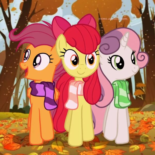 Size: 1080x1080 | Tagged: safe, artist:cmc.apple.bloom, derpibooru import, apple bloom, scootaloo, sweetie belle, earth pony, pegasus, pony, unicorn, autumn, clothes, cutie mark crusaders, female, image, jpeg, leaves, older, older apple bloom, older cmc, older scootaloo, older sweetie belle, scarf, striped scarf, trio, trio female