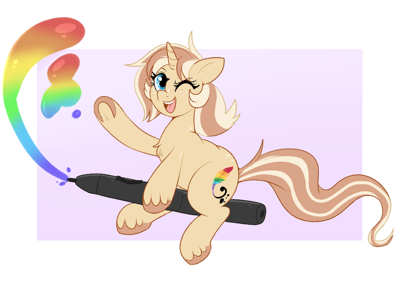 Size: 1143x809 | Tagged: safe, artist:lulubell, derpibooru import, oc, oc:lulubell, unofficial characters only, image, png, rainbow, solo, tablet pen