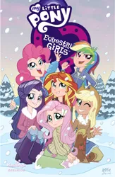 Size: 5834x8975 | Tagged: safe, derpibooru import, edit, idw, applejack, fluttershy, pinkie pie, rainbow dash, rarity, sunset shimmer, equestria girls, spoiler:comic, spoiler:comicholiday2014, cold, cover art, cute, image, png