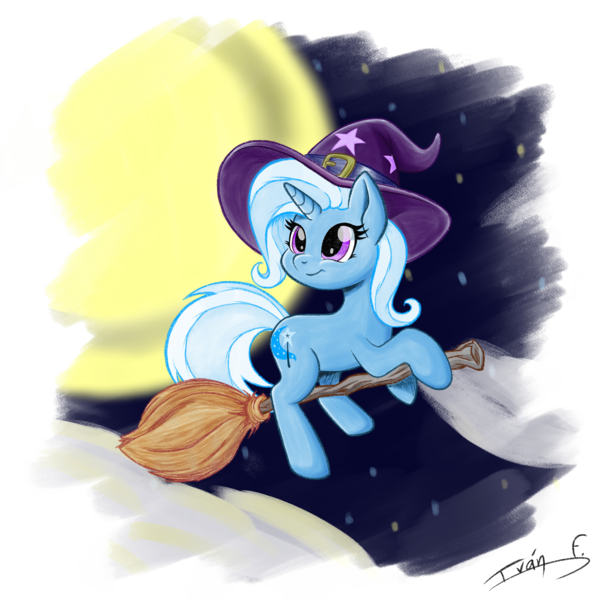 Size: 3000x3000 | Tagged: safe, artist:memprices, derpibooru import, trixie, pony, unicorn, broom, clothes, cloud, costume, flying, flying broomstick, halloween, halloween costume, hat, high res, holiday, image, moon, png, simple background, smiling, solo, starry night, transparent background, trixie's hat, witch costume, witch hat