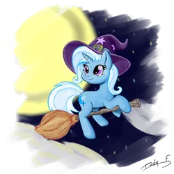 Size: 3000x3000 | Tagged: safe, artist:memprices, derpibooru import, trixie, pony, unicorn, broom, clothes, cloud, costume, flying, flying broomstick, halloween, halloween costume, hat, high res, holiday, image, moon, png, simple background, smiling, solo, starry night, transparent background, trixie's hat, witch costume, witch hat
