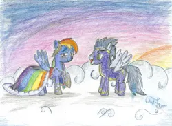 Size: 900x659 | Tagged: safe, artist:peperoger, derpibooru import, rainbow dash, soarin', pegasus, pony, clothes, dress, female, gala dress, image, jpeg, male, mare, rainbow dash's first gala dress, shipping, soarindash, stallion, straight, traditional art, uniform, wonderbolts uniform