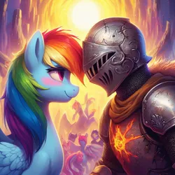 Size: 1024x1024 | Tagged: safe, derpibooru import, machine learning generated, rainbow dash, ai content, blushing, dark souls 3, generator:dall-e 3, image, jpeg