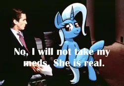 Size: 694x484 | Tagged: safe, artist:xppp1n, derpibooru import, trixie, human, pony, unicorn, crossed legs, female, image, looking at each other, looking at someone, mare, meme, patrick bateman, png, ponified meme, text