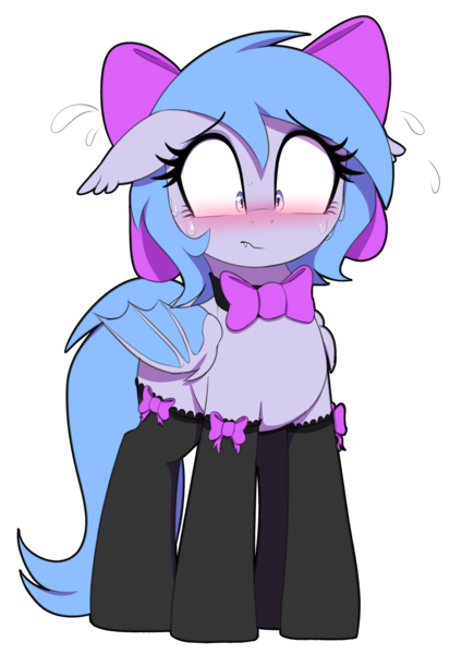 Size: 880x1280 | Tagged: suggestive, artist:thebatfang, ponerpics import, oc, oc:lucky roll, bat pony, pony, alternate clothes, bat pony oc, bat wings, blushing, blushing profusely, bow, bowtie, clothes, female, floppy ears, frown, image, mare, png, simple background, socks, solo, stockings, sweat, sweatdrop, thigh highs, transparent background, wings