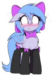 Size: 880x1280 | Tagged: suggestive, artist:thebatfang, ponerpics import, oc, oc:lucky roll, bat pony, pony, alternate clothes, bat pony oc, bat wings, blushing, blushing profusely, bow, bowtie, clothes, female, floppy ears, frown, image, mare, png, simple background, socks, solo, stockings, sweat, sweatdrop, thigh highs, transparent background, wings