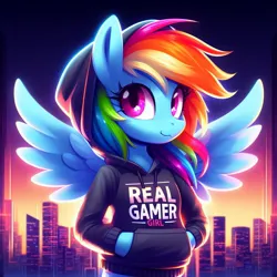 Size: 1024x1024 | Tagged: safe, derpibooru import, machine learning generated, rainbow dash, anthro, pegasus, ai content, clothes, cute, gamer girl, generator:dall-e 3, hoodie, image, jpeg, solo