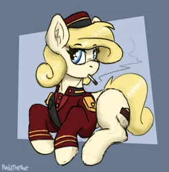 Size: 1959x1994 | Tagged: safe, artist:reddthebat, derpibooru import, oc, oc:belle hop, unofficial characters only, earth pony, pony, bellhop, cap, cigarette, clothes, eyebrows, eyebrows visible through hair, female, hat, image, lying down, mare, png, prone, signature, smoking, solo, turned head, uniform