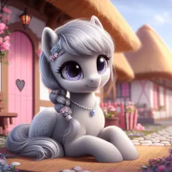 Size: 1024x1024 | Tagged: safe, machine learning generated, ponerpics import, ponybooru import, silver spoon, earth pony, pony, ai content, alternate cutie mark, bing, braid, cute, female, filly, foal, heart, image, jewelry, jpeg, missing accessory, ponyville, prone, solo