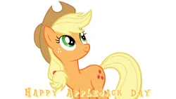 Size: 1920x1080 | Tagged: safe, artist:andoanimalia, derpibooru import, edit, editor:jaredking779, applejack, earth pony, pony, applejack day, cowboy hat, female, hat, image, jpeg, looking up, mare, simple background, smiling, solo, stetson, white background