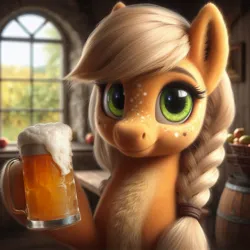 Size: 1024x1024 | Tagged: safe, machine learning generated, ponerpics import, ponybooru import, applejack, earth pony, pony, ai content, alcohol, apple, barrel, bing, braid, bust, cider, female, food, glass, image, jpeg, looking at you, magnetic hooves, mare, missing accessory, solo, window