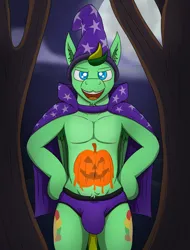 Size: 3809x5000 | Tagged: suggestive, artist:tacomytaco, derpibooru import, oc, oc:taco.m.tacoson, unofficial characters only, pegasus, pony, belly button, bipedal, bodypaint, both cutie marks, briefs, cape, clothes, halloween, hand on hip, hat, holiday, image, jack-o-lantern, looking at you, male, png, pumpkin, smiling, solo, solo male, spooky, underwear, wizard hat