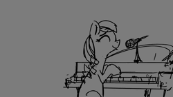 Size: 1280x720 | Tagged: safe, artist:yipsy, derpibooru import, coloratura, earth pony, pony, all i want for christmas is you, animated, christmas, close-up, dexterous hooves, extreme close up, eyes closed, female, gray background, grayscale, hat, holiday, image, it begins, looking at you, mare, monochrome, musical instrument, partial color, piano, rara, santa hat, silly, simple background, singing, smiling, smiling at you, snow, snowfall, solo, webm