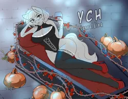 Size: 1479x1148 | Tagged: suggestive, artist:jerraldina, derpibooru import, anthro, pony, undead, vampire, clothes, commission, female, halloween, high heels, holiday, image, jpeg, pumpkin, shoes, socks, stockings, thigh highs, your character here