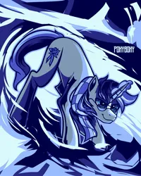 Size: 2400x3000 | Tagged: safe, artist:poxy_boxy, derpibooru import, oc, unofficial characters only, pony, unicorn, bluescale, clothes, commission, glasses, glow, glowing horn, horn, image, jpeg, monochrome, scarf, smiling, solo