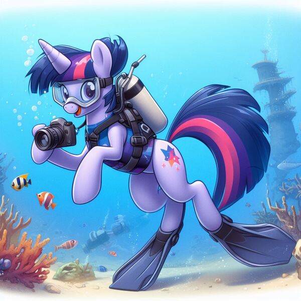 Size: 1024x1024 | Tagged: safe, derpibooru import, machine learning generated, twilight sparkle, fish, pony, unicorn, ai content, air tank, camera, female, flippers (gear), generator:bing image creator, generator:dall-e 3, image, jpeg, mare, scuba gear, solo, tail, unicorn twilight, wrong cutie mark