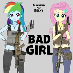 Size: 1280x1280 | Tagged: safe, artist:edy_january, derpibooru import, fluttershy, rainbow dash, equestria girls, equestria girls series, alan aztec, album, album cover, album parody, assault rifle, bad girl, bad girl (song), belkv, call of duty, call of duty: modern warfare 2, call of duty: warzone, clothes, combat knife, denim, duo, duo female, female, flutterdash, fn scar, gray background, gun, handgun, hardbass, hk416, image, jeans, lesbian, m1911, military, music, pants, parody, pistol, png, radio, reference, rifle, shipping, shirt, simple background, soldier, song, special forces, tactical vest, tanktop, task forces 141, trigger discipline, trigun, vector used, vest, weapon