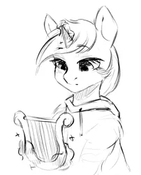 Size: 798x990 | Tagged: safe, artist:melodylibris, derpibooru import, lyra heartstrings, pony, unicorn, fanfic:background pony, black and white, clothes, female, grayscale, hoodie, image, lyre, magic, mare, monochrome, musical instrument, png, simple background, sketch, solo, telekinesis, white background
