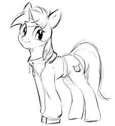 Size: 907x999 | Tagged: safe, artist:melodylibris, derpibooru import, lyra heartstrings, pony, unicorn, fanfic:background pony, black and white, clothes, dig the swell hoodie, female, grayscale, hoodie, image, mare, monochrome, png, simple background, sketch, solo, white background