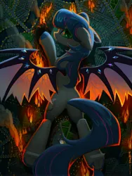 Size: 2700x3600 | Tagged: safe, artist:rrd-artist, derpibooru import, oc, unofficial characters only, bat pony, pony, bat pony oc, bat wings, burning, car, city, cute, destruction, female, fire, image, jpeg, lying down, macro, mare, solo, spread wings, wings