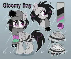Size: 2048x1707 | Tagged: safe, artist:anotherdeadrat, derpibooru import, oc, oc:gloomy day, unofficial characters only, pegasus, pony, adoptable, beanie, clothes, cute, female, hat, image, jpeg, mare, pegasus oc, reference sheet, scarf, solo, striped wings, wing fluff, wings