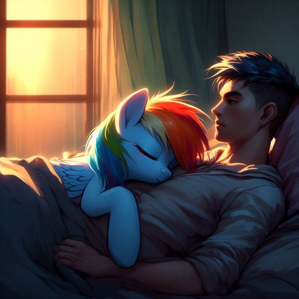 Size: 1024x1024 | Tagged: safe, derpibooru import, machine learning generated, rainbow dash, human, pegasus, pony, ai content, bed, bed mane, blanket, clothes, duo, duo male and female, eyes closed, female, human male, human on pony snuggling, image, jpeg, laying on bed, lying down, lying on top of someone, male, mare, messy mane, on bed, sleeping, snuggling, window