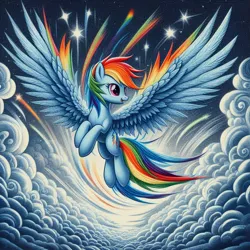 Size: 1024x1024 | Tagged: safe, derpibooru import, machine learning generated, rainbow dash, pegasus, pony, ai content, cloud, female, flying, image, jpeg, large wings, looking sideways, mare, night, night sky, sky, solo, spread wings, stars, wings