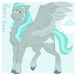 Size: 1730x1716 | Tagged: safe, artist:abbytabbys, derpibooru import, oc, oc:rainy daze, unofficial characters only, pegasus, pony, coat markings, colored wings, colored wingtips, cute, cute little fangs, facial markings, fangs, image, jpeg, male, pegasus oc, reference sheet, sideburns, solo, stallion, star (coat marking), unshorn fetlocks, wings