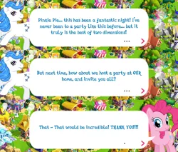 Size: 2048x1742 | Tagged: safe, derpibooru import, idw, official, majesty, pinkie pie, earth pony, pony, unicorn, g1, bow, dialogue, dialogue box, english, female, g4, gameloft, horn, idw showified, image, mare, mobile game, my little pony: magic princess, png, speech bubble, tail, tail bow, text