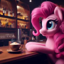 Size: 1024x1024 | Tagged: safe, derpibooru import, machine learning generated, pinkie pie, earth pony, pony, ai content, coffee, detailed, female, generator:bing image creator, generator:dall-e 3, image, irl, jpeg, mare, photo, ponies in real life, realistic, sitting, smiling, solo