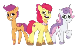 Size: 1950x1200 | Tagged: safe, artist:prixy05, derpibooru import, apple bloom, scootaloo, sweetie belle, earth pony, pegasus, pony, unicorn, g5, my little pony: tell your tale, the last problem, clothes, cutie mark crusaders, female, g4, g4 to g5, generation leap, goldie delicious' shawl, image, looking at you, mare, older, older apple bloom, older scootaloo, older sweetie belle, open mouth, open smile, png, raised hoof, shawl, simple background, smiling, smiling at you, transparent background, trio, vector