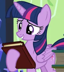 Size: 854x961 | Tagged: safe, derpibooru import, screencap, twilight sparkle, twilight sparkle (alicorn), alicorn, pony, season 5, the hooffields and mccolts, book, cropped, female, folded wings, hoof hold, image, mare, png, raised hoof, smiling, solo, twilight's castle, wings