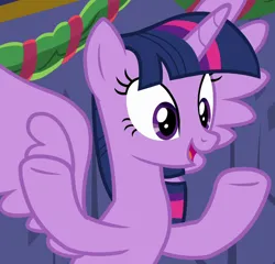 Size: 750x720 | Tagged: safe, derpibooru import, screencap, twilight sparkle, twilight sparkle (alicorn), alicorn, pony, best gift ever, cropped, cute, female, flying, hooves up, image, mare, open mouth, open smile, png, smiling, solo, spread wings, twiabetes, wings