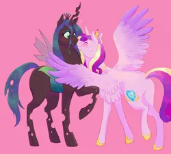 Size: 1905x1716 | Tagged: safe, artist:abbytabbys, derpibooru import, princess cadance, queen chrysalis, alicorn, changeling, changeling queen, pony, blushing, cadalis, female, heart, image, infidelity, jewelry, jpeg, lesbian, mare, nuzzling, peytral, raised leg, regalia, shipping, simple background, spread wings, wing fluff, wings