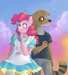 Size: 1304x1438 | Tagged: safe, artist:abbytabbys, derpibooru import, pinkie pie, anthro, raccoon, apron, blushing, clothes, female, image, jpeg, male, regular show, rigby (regular show), shipping, shirt, straight, t-shirt