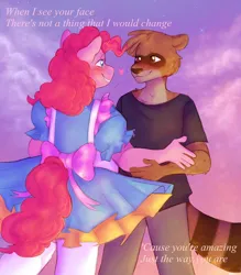 Size: 1388x1584 | Tagged: safe, artist:abbytabbys, derpibooru import, pinkie pie, anthro, raccoon, apron, blushing, bow, clothes, female, heart, image, jpeg, looking at each other, looking at someone, male, regular show, rigby (regular show), shipping, shirt, song reference, straight, t-shirt