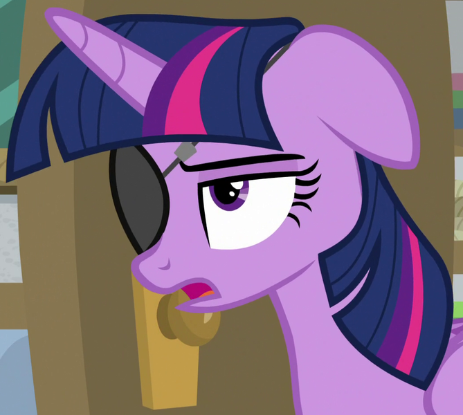 Size: 1054x945 | Tagged: safe, derpibooru import, screencap, twilight sparkle, twilight sparkle (alicorn), alicorn, pony, friendship university, season 8, spoiler:s08, cropped, disguise, eyepatch, eyepatch (disguise), female, floppy ears, frown, image, mare, png, solid sparkle, solo