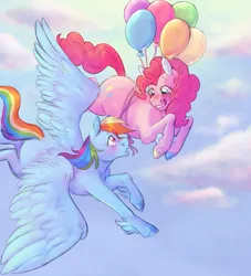 Size: 1560x1716 | Tagged: safe, artist:abbytabbys, derpibooru import, pinkie pie, rainbow dash, earth pony, pegasus, pony, balloon, blushing, colored hooves, ear fluff, female, flying, image, jpeg, leg fluff, lesbian, looking at each other, looking at someone, mare, pinkiedash, shipping, sky, wing fluff, wings