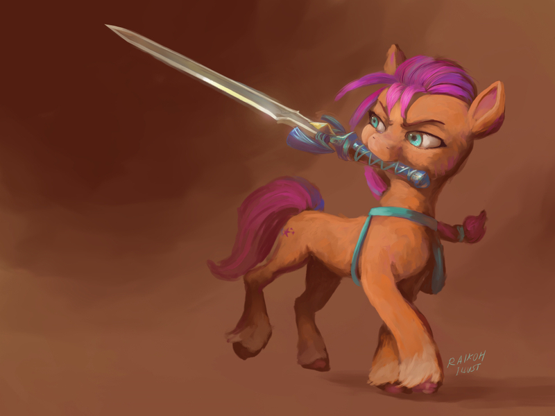 Size: 1120x840 | Tagged: safe, artist:raikoh, derpibooru import, sunny starscout, earth pony, pony, g5, eyebrows, female, image, jpeg, mare, master sword, mouth hold, signature, solo, sword, the legend of zelda, unshorn fetlocks, weapon