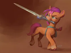 Size: 1120x840 | Tagged: safe, artist:raikoh, derpibooru import, sunny starscout, earth pony, pony, g5, my little pony: a new generation, eyebrows, female, image, jpeg, mare, master sword, mouth hold, signature, solo, sword, the legend of zelda, unshorn fetlocks, weapon