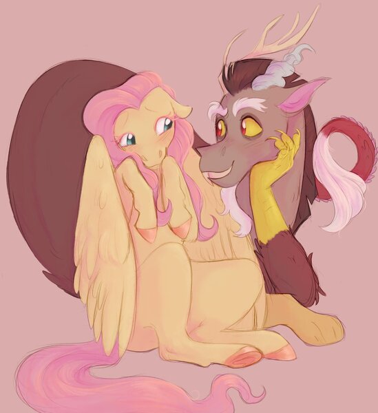 Size: 1624x1774 | Tagged: safe, artist:abbytabbys, derpibooru import, discord, fluttershy, draconequus, pegasus, pony, blushing, cute, discoshy, female, image, jpeg, looking at each other, looking at someone, male, mare, shipping, shyabetes, simple background, straight, wing fluff, wings