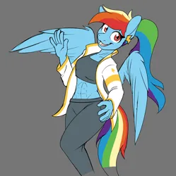 Size: 1592x1600 | Tagged: safe, artist:nudeknightart, derpibooru import, rainbow dash, anthro, pegasus, abs, clothes, colored sketch, ear piercing, earring, female, gray background, image, jacket, jewelry, looking at you, midriff, muscles, piercing, png, rainbuff dash, simple background, sketch, solo