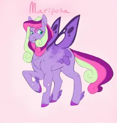 Size: 1507x1584 | Tagged: safe, artist:abbytabbys, derpibooru import, oc, oc:mariposa, unofficial characters only, changepony, hybrid, pony, fangs, female, hybrid wings, image, interspecies offspring, jpeg, leg fluff, magical lesbian spawn, mare, offspring, parent:princess cadance, parent:queen chrysalis, parents:cadalis, raised leg, simple background, solo, wing fluff, wings