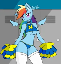 Size: 1100x1148 | Tagged: suggestive, artist:samuel-neocros, derpibooru import, rainbow dash, anthro, pegasus, belly button, blushing, breasts, cheerleader, cheerleader outfit, clothes, image, locker room, png, pom pom, socks, stockings, thigh highs, underboob